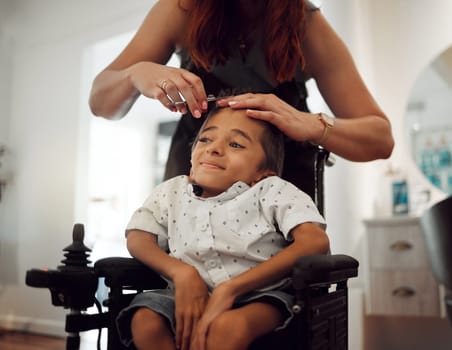 Haircut, child with cerebral palsy and hairdresser visit with a smile in inclusive salon. Happy kid with a health condition getting a trim from a beauty therapist and professional feeling happiness