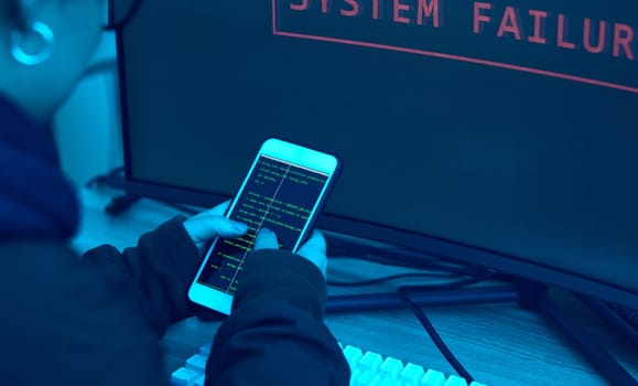 Phone screen, code and hacker hands for cybersecurity, information technology and phishing fail or safety. Hacking, digital criminal or woman with big data intel, internet crime and firewall software