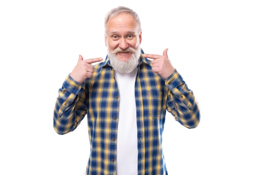 50s mid-aged gray-haired man with a beard in a shirt on a white background