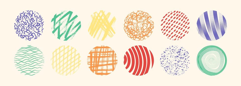 Bright abstract circle shapes with loop, drops, spots, curves, lines and waves in trendy retro style. Hand drawn doodle elements. Vector illustration with wavy and spiral elements. Design elements for social media posts, digital marketing, sales promotion