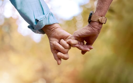 Retirement, senior couple and holding hands for love, romance and bonding together. Romantic, hand gesture and loving for relationship, marriage and support for anniversary, retired and healthcare