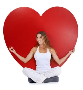Heart, love and woman portrait sitting with a smile, happiness and isolated white background. Hearts cartoon, calm and model happy about romance vision, valentines day and beauty with mock up.