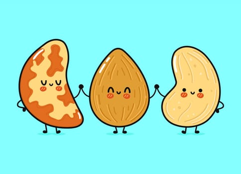 Cute, funny happy almonds, Brazilian nut and cashews nut. Vector hand drawn cartoon kawaii characters, illustration icon. Funny happy cartoon almond, Brazilian nut cashew nut mascot friends concept