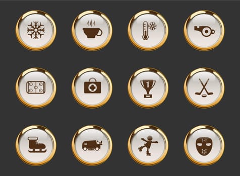 ice rink gold-rimmed vector icons on dark background. ice rink icons in gold frame for web, mobile and ui design