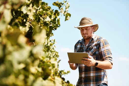 Hes always willing to try out new farming methods. a farmer using a digital tablet working in a vineyard.
