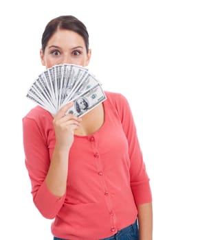Cash, happy and success with portrait of woman and mockup for investment, winner and growth. Money, dollar and wow with girl customer isolated on white background for financial, deal and promotion