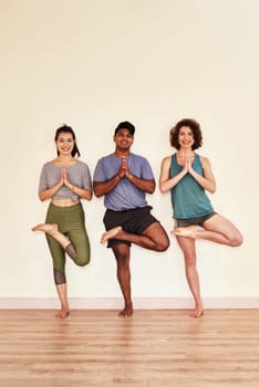 Keep your roots deep and your branches high. a group of young men and women practicing the tree pose during a yoga session