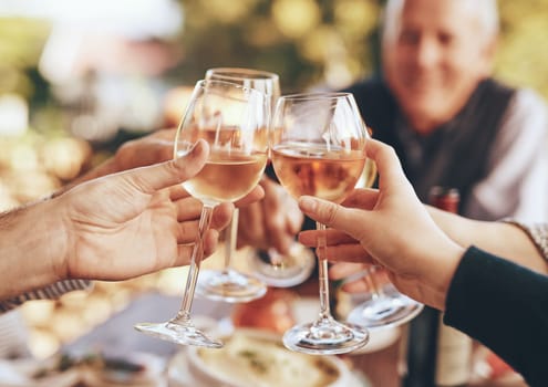 Hands, glass and cheers with a group of people drinking alcohol together outdoor in celebration of the festive season. Party, wine and drink with a man and woman family doing cheers to tradition