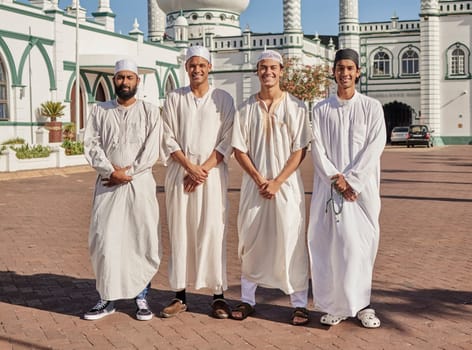 Happy, hajj and Muslim men at a mosque to pray, ramadan faith and group in Mekka together. Smile, religion and portrait of Islamic friends on a pilgrimage to the holy city for spiritual journey