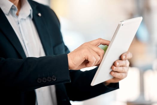 Connection, hands and businessman with a tablet for an email, typing communication and internet. Working, digital and corporate employee with technology for the web, contact and online networking