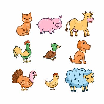 Pets on farm. Set of illustrations for children in cartoon style.