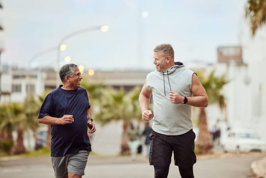 Running, friends and senior men in city for fitness, healthy lifestyle and outdoor wellness. Happy mature males, urban training and exercise in street for energy, power and sports workout together.