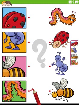 Cartoon illustration of educational matching game with insects animal characters and pictures clippings