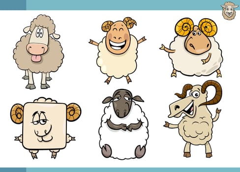 Cartoon illustration of sheep farm animals comic characters set