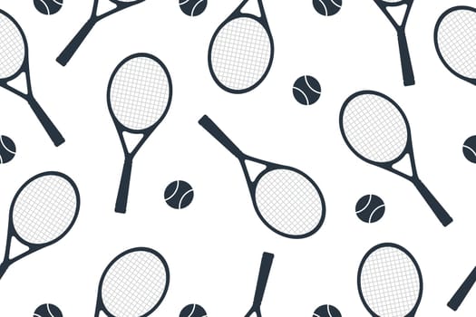 Sports seamless pattern with tennis badges in a flat design style.Cartoon illustration with sports objects: a tennis ball and a tennis racket. Vector illustration