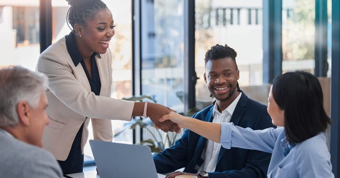 Handshake, acquisition and business people happy for investment deal, b2b contract or negotiation agreement. Diversity human resources, hiring welcome and administration job interview with HR manager