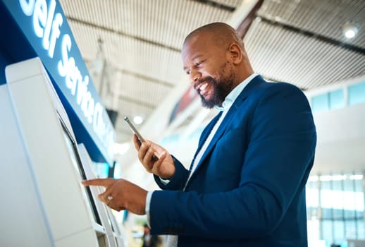 Airport ticket, self service and man with phone for online booking, fintech payment and digital registration. African business person at POS machine for flight schedule, e commerce and smartphone app