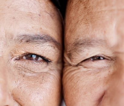 Love, eyes and half with a senior couple closeup, face touching skin wrinkles for romance in retirement. Zoom, elderly or pension with a mature man and woman bonding while feeling hope or nostalgia