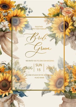 Wedding invitation card background with watercolor botanical flowers sunflowers. Abstract floral art background vector design for wedding invitation and vip cover template.