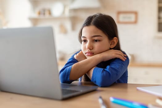 Sad Schoolgirl Looking At Laptop Having Issue Studying Online Indoor