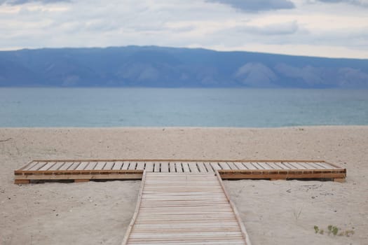 A wooden platform on the shore of Lake Baikal