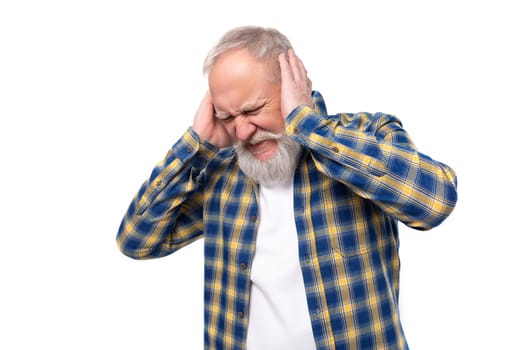 tired 50s mid aged gray-haired retired man with mustache and beard on white background