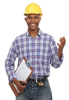 Architect, portrait smile and construction with clipboard for inspection, handyman or maintenance on mockup. Happy male contractor or builder with safety hat smiling against a white studio background