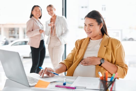Gossip, pregnancy shame or business people pointing at pregnant woman in office working on laptop. Colleagues in workplace bullying, employee victim exclusion or worker harassment and discrimination