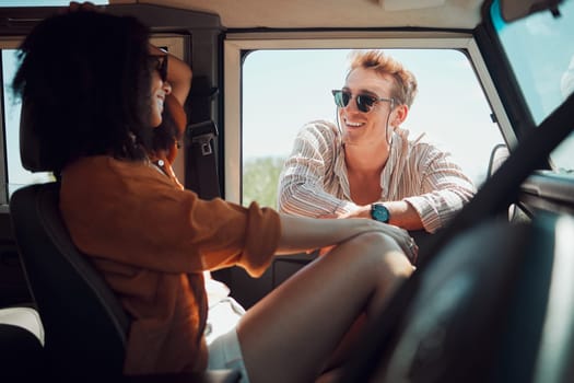 Road trip, travel and bonding with a couple in a car for vacation, honeymoon or adventure together in nature. Love, romance and transport with a man and woman on holiday while enjoying the drive.