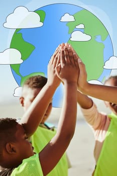 Earth, hands and high five by volunteer children collaboration to support teamwork, help and community. Hand, friends and kids connect in change, world and partnership for environment, planet or goal