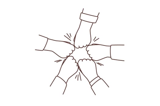 Close-up of diverse people join hands give fists bumps showing unity and support. Multiracial friend or colleagues engaged in teambuilding activity. Vector illustration.