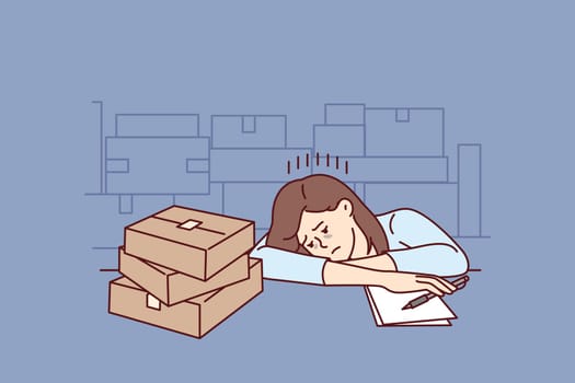 Upset girl near cardboard boxes works in warehouse or logistics company and falls asleep