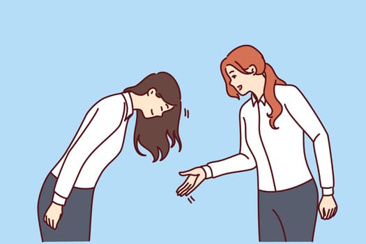 Woman greets asian colleague or potential business partner bows as sign of respect and loyalty