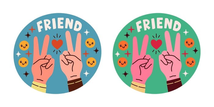 Set of stickers about friends and friendship. Collection of hand drawn lettering