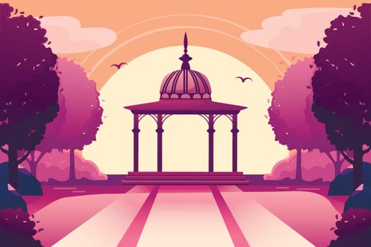 Horizontal landscape of a park in summer or spring at sunset in purple tones with a gazebo in the middle. Empty public place for rest and walks