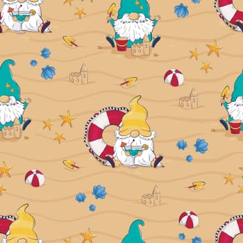 Seamless pattern with cartoon gnome building a sandcastle drinking a cocktail on the beach.