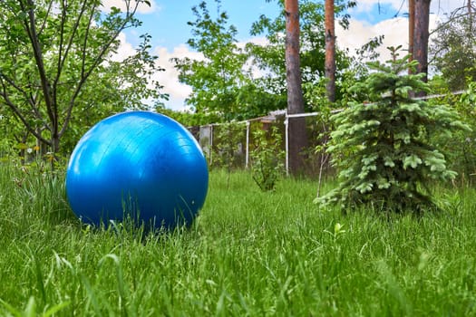Large blue rubber ball for games and physical sports exercises on a green lawn
