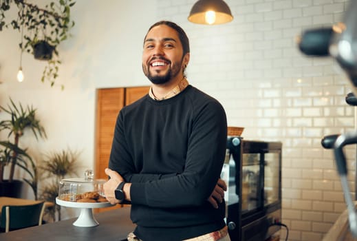 Coffee shop owner, portrait and small business barista standing with proud smile from job. Restaurant, happy person and man with arms crossed ready for waiter work or staff management with happiness