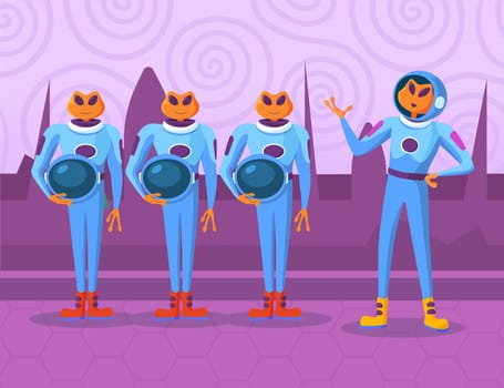 Cartoon aliens characters standing and listening order of chief