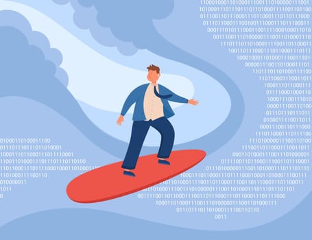 Cartoon businessman surfing on waves of binary numbers
