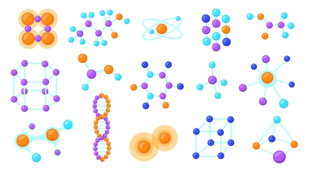 Connections of molecular particles illustrations set