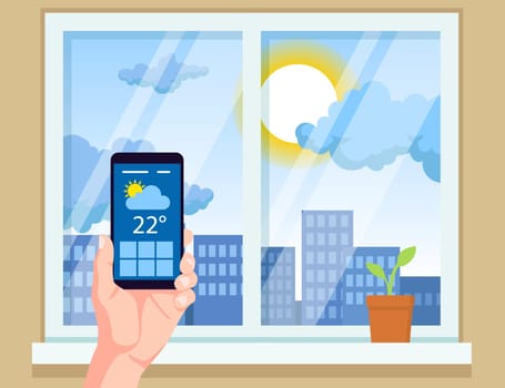 Hand holding mobile phone with weather app vector illustration. Checking weather forecast before leaving home. Window, city, sun in background. Technology, high temperature, meteorology concept