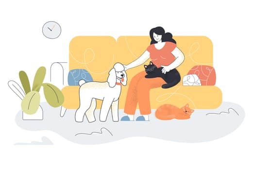 Happy cartoon woman sitting on couch with pets