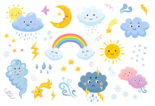 Weather emoticon flat icon set. Cartoon rainbow, rain and snow clouds, sun, moon, star, lightening, wind isolated vector illustration collection. Meteorology and sky concept
