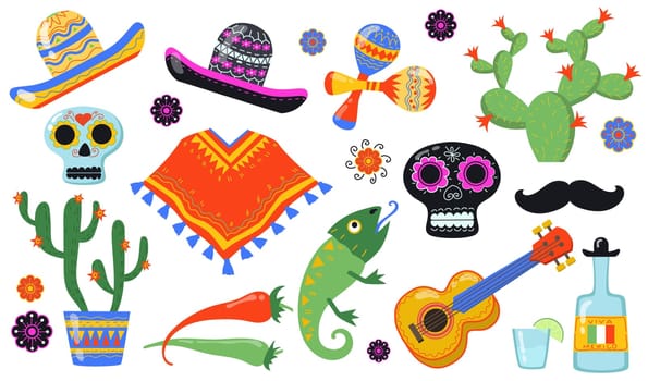 Various Mexican symbols flat icon set