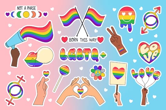 Sticker pack of LGBTQ symbols on gradient blue pink background. Set icons of the LGBT pride community. Rainbow elements in flat vector style. Pride month