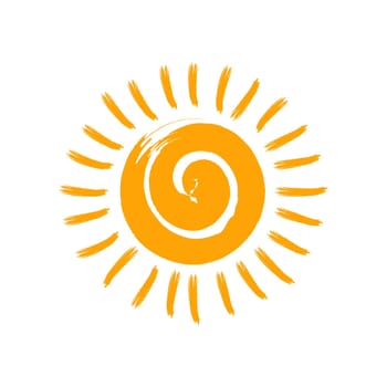 Hand drawn cute sun in doodle style. Grunge brush sun icon isolated on white background. Vector