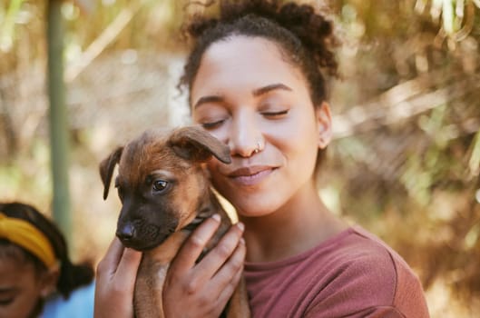Love, dog and animal shelter with a black woman hugging a foster pet while at a shelter to adopt a rescue animal. Volunteer, charity and adoption with a female holding a cute puppy at the pound