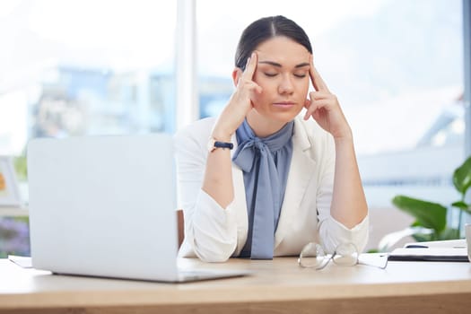 Stress, headache or anxiety for business woman in laptop glitch, 404 hack or digital data breach in creative office. Mental health, burnout or pressure from mistake on technology in marketing company