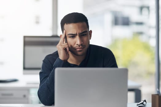 Employee, confused or man with a laptop, tired or doubt with internet connection, glitch or error. Male person, professional or entrepreneur with fatigue, pc or frustration with burnout or exhaustion
